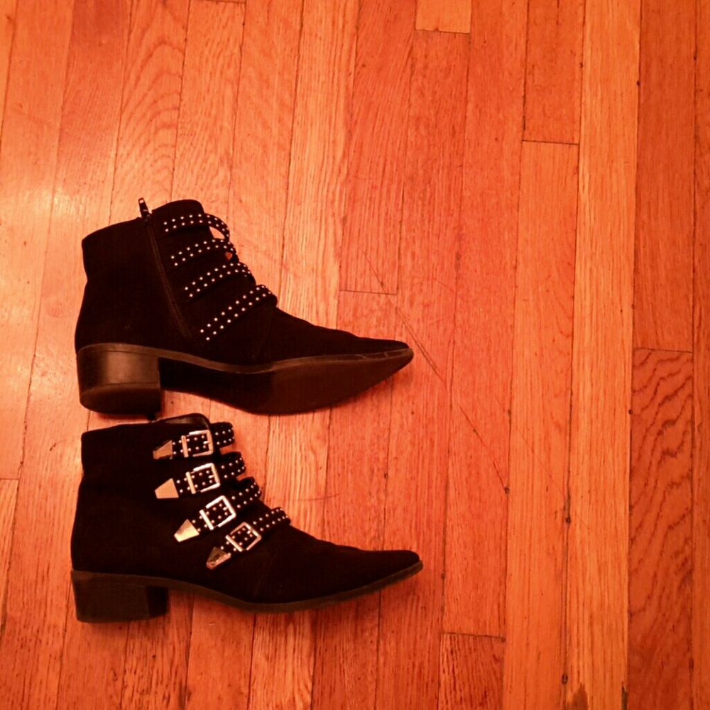 Black suede silver buckle booties